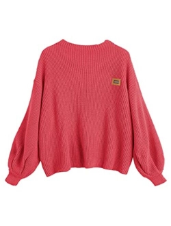 Women's Casual Loose Knitted Sweater Lantern Sleeve Crewneck Fashion Pullover Sweater Tops