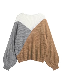 Women's Casual Loose Knitted Sweater Lantern Sleeve Crewneck Fashion Pullover Sweater Tops