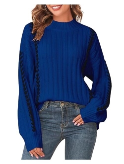 Women's Casual Loose Knitted Sweater Lantern Sleeve Crewneck Fashion Pullover Sweater Tops