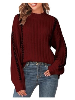 Women's Casual Loose Knitted Sweater Lantern Sleeve Crewneck Fashion Pullover Sweater Tops