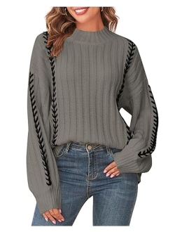 Women's Casual Loose Knitted Sweater Lantern Sleeve Crewneck Fashion Pullover Sweater Tops