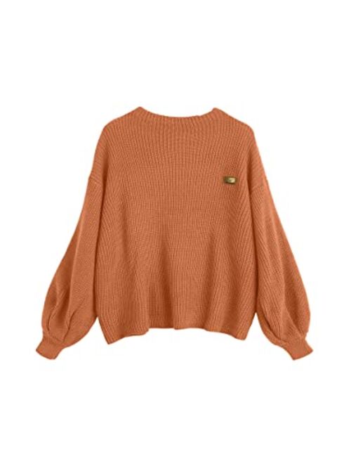 ZAFUL Women's Casual Loose Knitted Sweater Lantern Sleeve Crewneck Fashion Pullover Sweater Tops