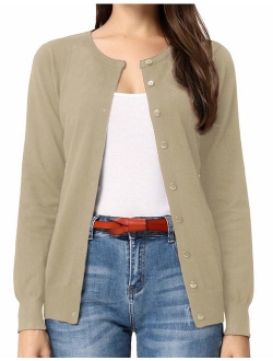 Women's Long Sleeve Button Down Crew Neck Classic Sweater Knit Cardigan