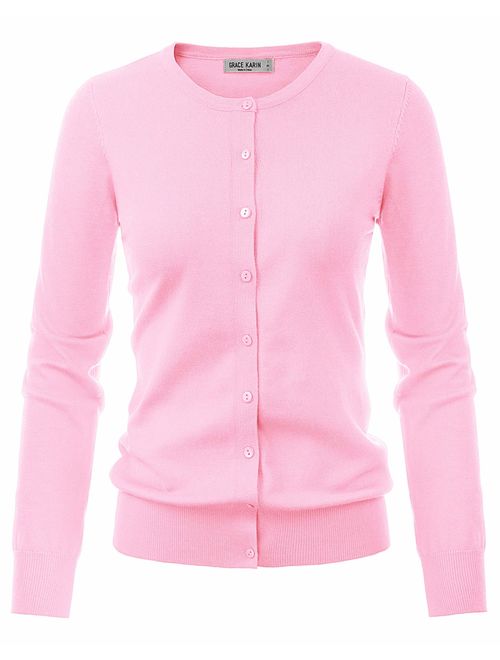 GRACE KARIN Women's Long Sleeve Button Down Crew Neck Classic Sweater Knit Cardigan