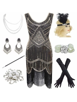 1920s Gatsby Fringed Paisley Plus Size Flapper Dress with 20s Accessories Set