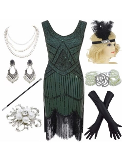 1920s Gatsby Fringed Paisley Plus Size Flapper Dress with 20s Accessories Set