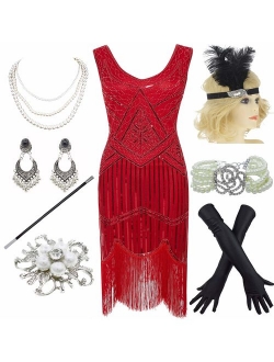 1920s Gatsby Fringed Paisley Plus Size Flapper Dress with 20s Accessories Set