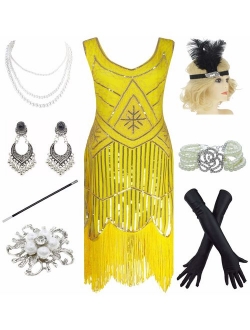 1920s Gatsby Fringed Paisley Plus Size Flapper Dress with 20s Accessories Set