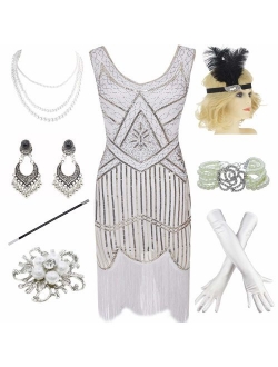 1920s Gatsby Fringed Paisley Plus Size Flapper Dress with 20s Accessories Set