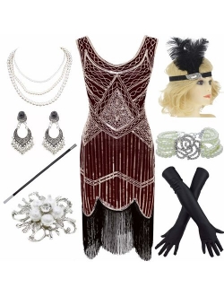 1920s Gatsby Fringed Paisley Plus Size Flapper Dress with 20s Accessories Set