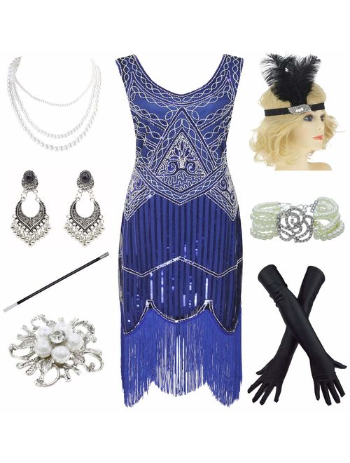 1920s Gatsby Fringed Paisley Plus Size Flapper Dress with 20s Accessories Set