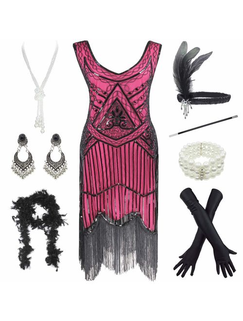 1920s Gatsby Fringed Paisley Plus Size Flapper Dress with 20s Accessories Set