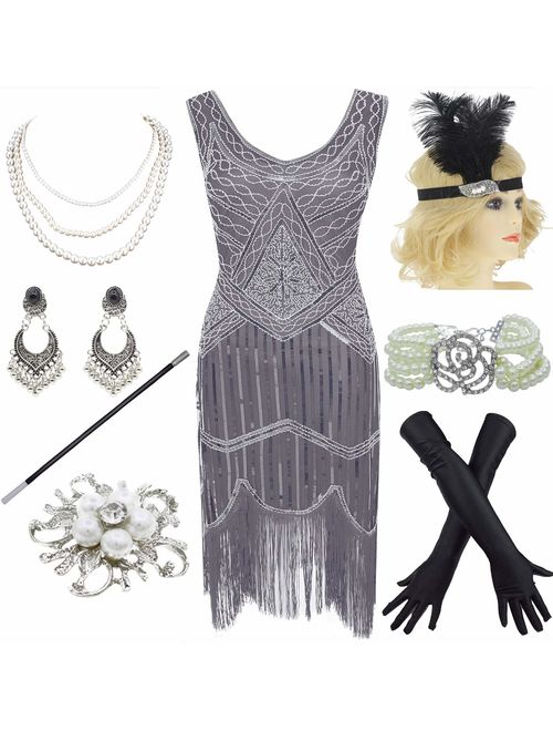 1920s Gatsby Fringed Paisley Plus Size Flapper Dress with 20s Accessories Set