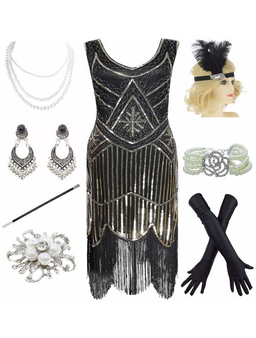 1920s Gatsby Fringed Paisley Plus Size Flapper Dress with 20s Accessories Set