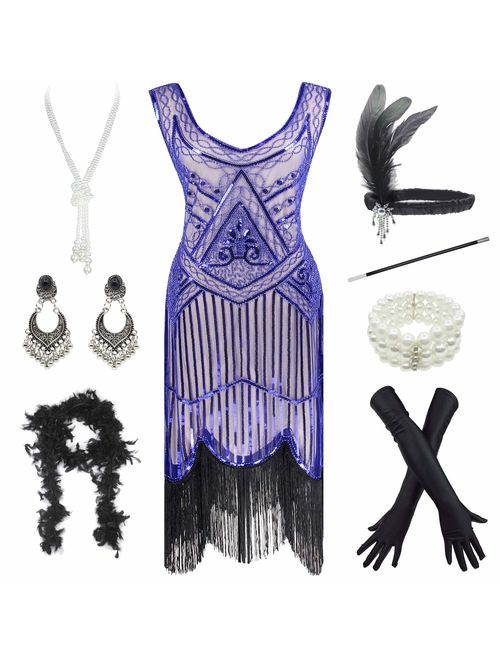 1920s Gatsby Fringed Paisley Plus Size Flapper Dress with 20s Accessories Set