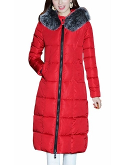 Women's Winter Windproof Padded Long Down Alternative Coat Faux Fur Hood