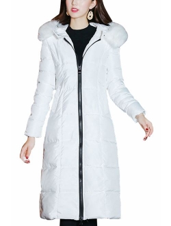 Women's Winter Windproof Padded Long Down Alternative Coat Faux Fur Hood