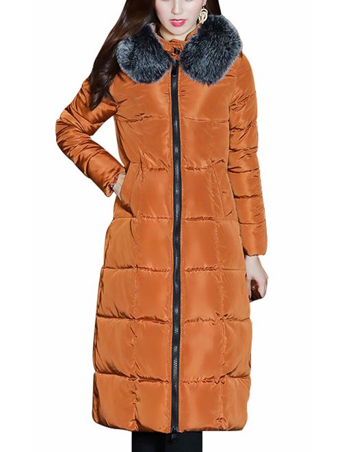 chouyatou Women's Winter Windproof Padded Long Down Alternative Coat Faux Fur Hood