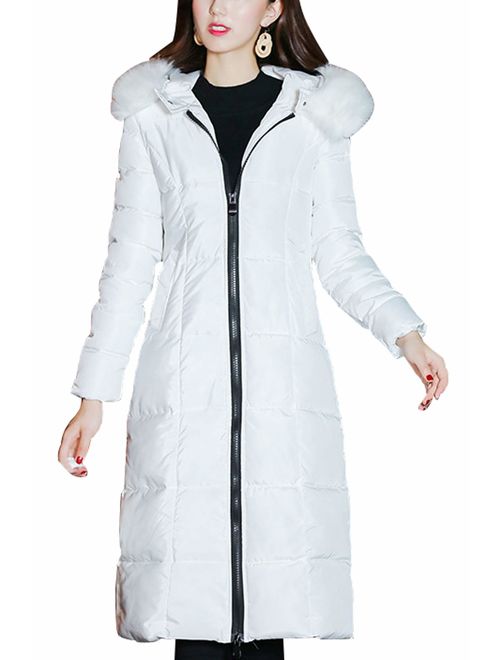 chouyatou Women's Winter Windproof Padded Long Down Alternative Coat Faux Fur Hood