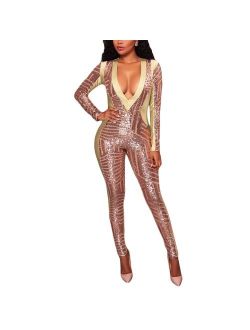 Women's Sexy V Neck Sequin Mesh Bodycon Long Pants Party Jumpsuits Rompers