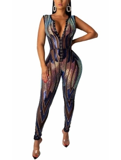 Women's Sexy V Neck Sequin Mesh Bodycon Long Pants Party Jumpsuits Rompers