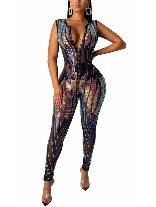 Aro Lora Women's Sexy V Neck Sequin Mesh Bodycon Long Pants Party Jumpsuits Rompers