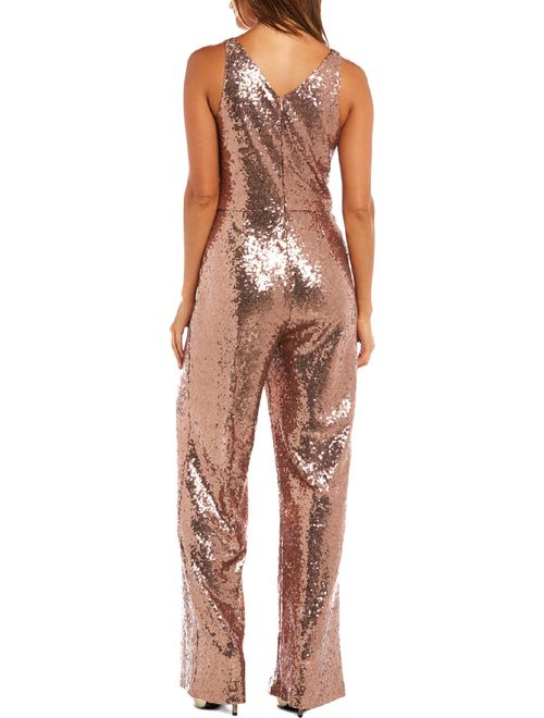 Nightway Womens Petites Sequined V-Neck Jumpsuit