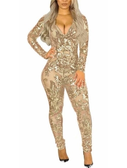 Women Sexy Sequins Jumpsuits Deep V Neck Long Sleeve Lace See Through Bodycon Club One Piece Outfit