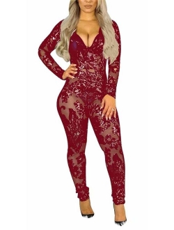 Women Sexy Sequins Jumpsuits Deep V Neck Long Sleeve Lace See Through Bodycon Club One Piece Outfit