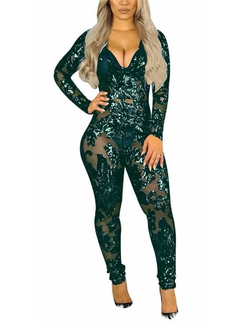 Women Sexy Sequins Jumpsuits Deep V Neck Long Sleeve Lace See Through Bodycon Club One Piece Outfit