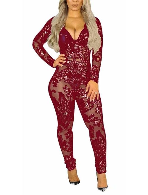 Women Sexy Sequins Jumpsuits Deep V Neck Long Sleeve Lace See Through Bodycon Club One Piece Outfit