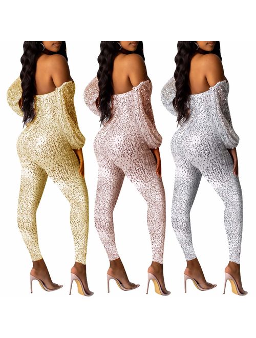 Buy Andongnywell Women Sexy Sparkly Glitter Off Shoulder Bodycon Long Sleeve V Neck Clubwear One 1167