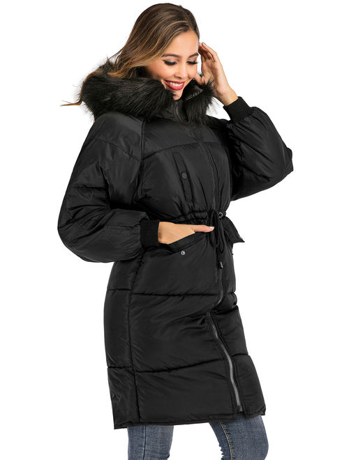 LELINTA Women Winter Plus Size Long Hoodie Coat Warm Hooded Jacket Zip Parka Overcoats Raincoat Active Outdoor Trench Coat