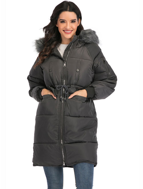 LELINTA Women Winter Plus Size Long Hoodie Coat Warm Hooded Jacket Zip Parka Overcoats Raincoat Active Outdoor Trench Coat