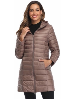 Obosoyo Women's Winter Packable Down Jacket Plus Size Lightweight Long Down Outerwear Puffer Jacket Hooded Coat