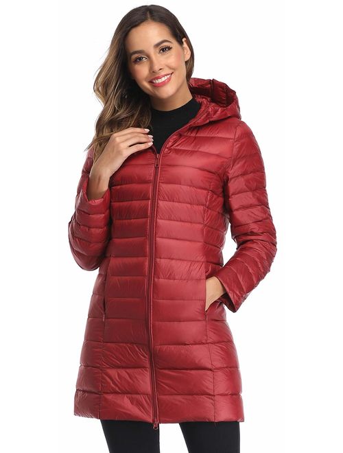 Obosoyo Women's Winter Packable Down Jacket Plus Size Lightweight Long Down Outerwear Puffer Jacket Hooded Coat