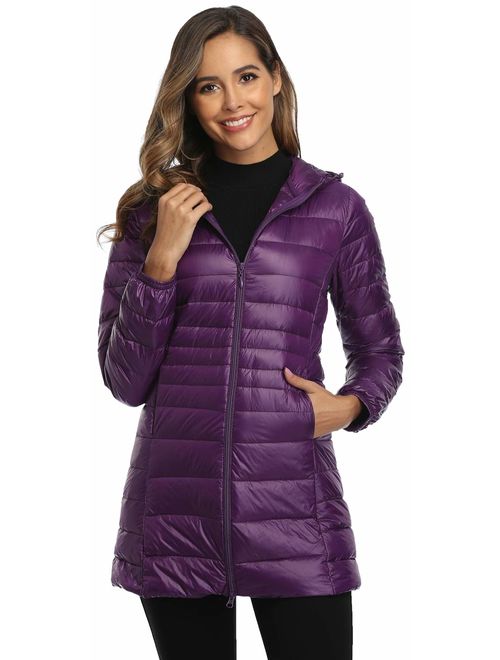 Obosoyo Women's Winter Packable Down Jacket Plus Size Lightweight Long Down Outerwear Puffer Jacket Hooded Coat