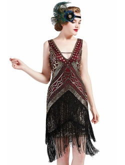 BABEYOND 1920s Flapper Dress V Neck Embellished Sequin Beaded Dress Roaring 20s Gatsby Fringe Party Dress