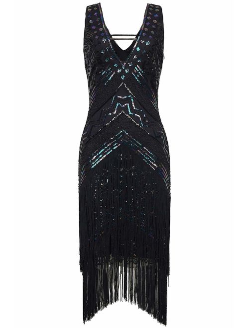 BABEYOND 1920s Flapper Dress V Neck Embellished Sequin Beaded Dress Roaring 20s Gatsby Fringe Party Dress