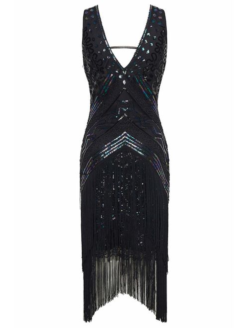 BABEYOND 1920s Flapper Dress V Neck Embellished Sequin Beaded Dress Roaring 20s Gatsby Fringe Party Dress