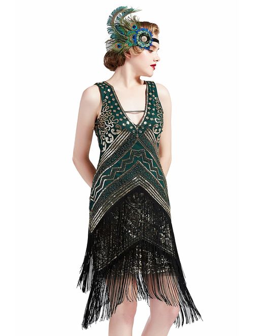 BABEYOND 1920s Flapper Dress V Neck Embellished Sequin Beaded Dress Roaring 20s Gatsby Fringe Party Dress