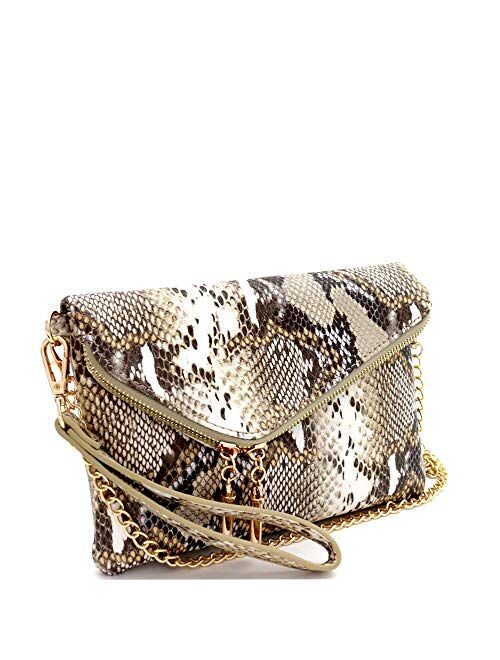 Fashion PU Leather 2 Way Flap Clutch Wristlet Bag with Chain Shoulder strap