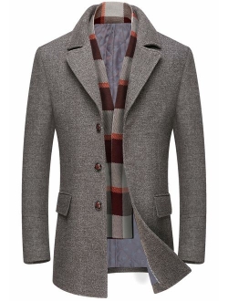 Men's Winter Notched Collar Single Breasted Quilted Wool Midi Coats Plaid Scarf