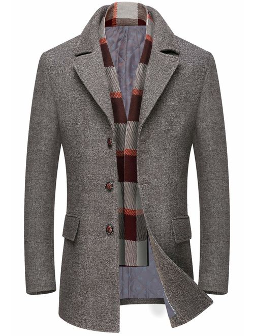 chouyatou Men's Winter Notched Collar Single Breasted Quilted Wool Midi Coats Plaid Scarf