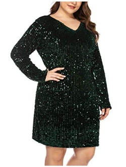 IN'VOLAND Womens Sequin Dress Plus Size V Neck Party Cocktail Sparkle Glitter Embellished Evening Stretchy Mini Bodycon Dresses