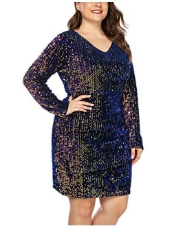 IN'VOLAND Womens Sequin Dress Plus Size V Neck Party Cocktail Sparkle Glitter Embellished Evening Stretchy Mini Bodycon Dresses