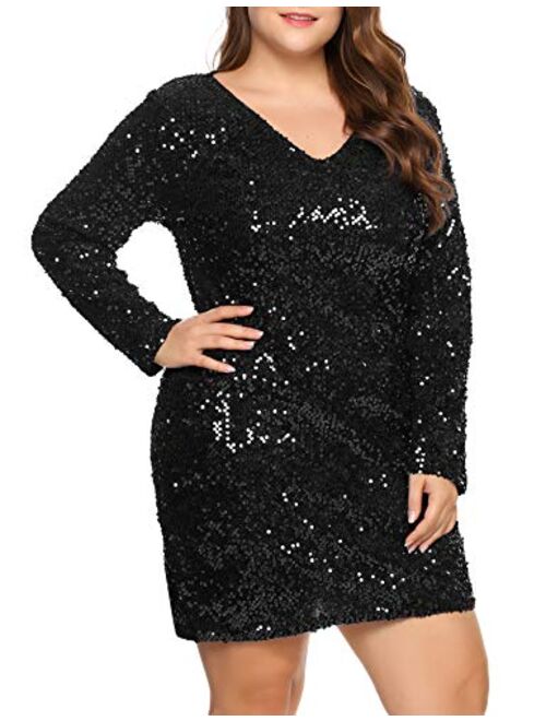 IN'VOLAND Womens Sequin Dress Plus Size V Neck Party Cocktail Sparkle Glitter Embellished Evening Stretchy Mini Bodycon Dresses