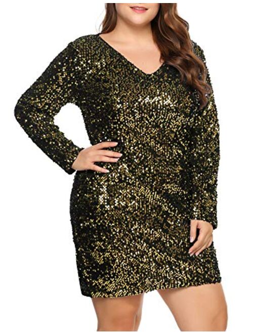 IN'VOLAND Womens Sequin Dress Plus Size V Neck Party Cocktail Sparkle Glitter Embellished Evening Stretchy Mini Bodycon Dresses