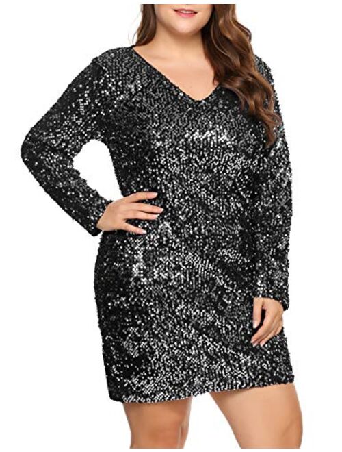 IN'VOLAND Womens Sequin Dress Plus Size V Neck Party Cocktail Sparkle Glitter Embellished Evening Stretchy Mini Bodycon Dresses