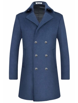 Men's Wool Coat Winter Trench Top Long Pea Coat Woolen Blend Silm Fit with Hooded Single Breasted Business Suits